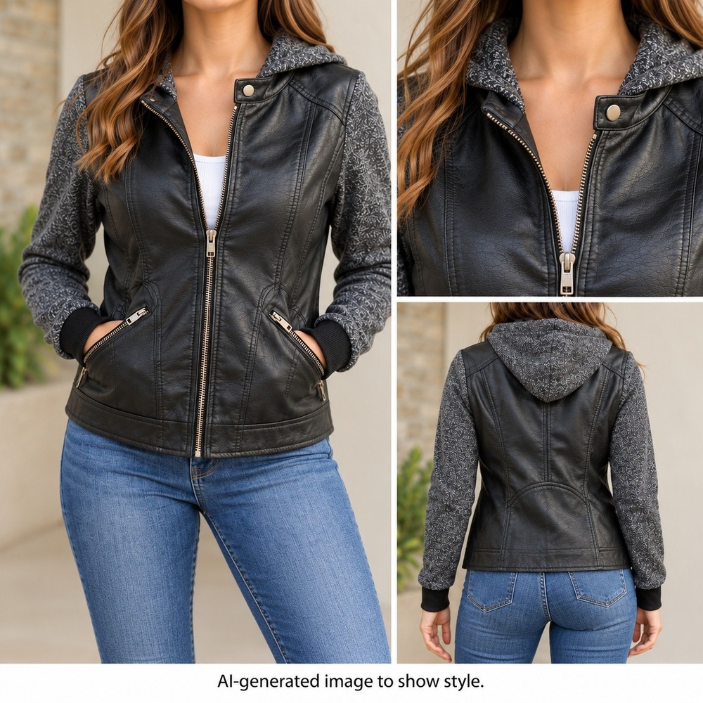 Jason Maxwell Moto Jacket Women's Small Black Melange Hooded Coat Full Zipper